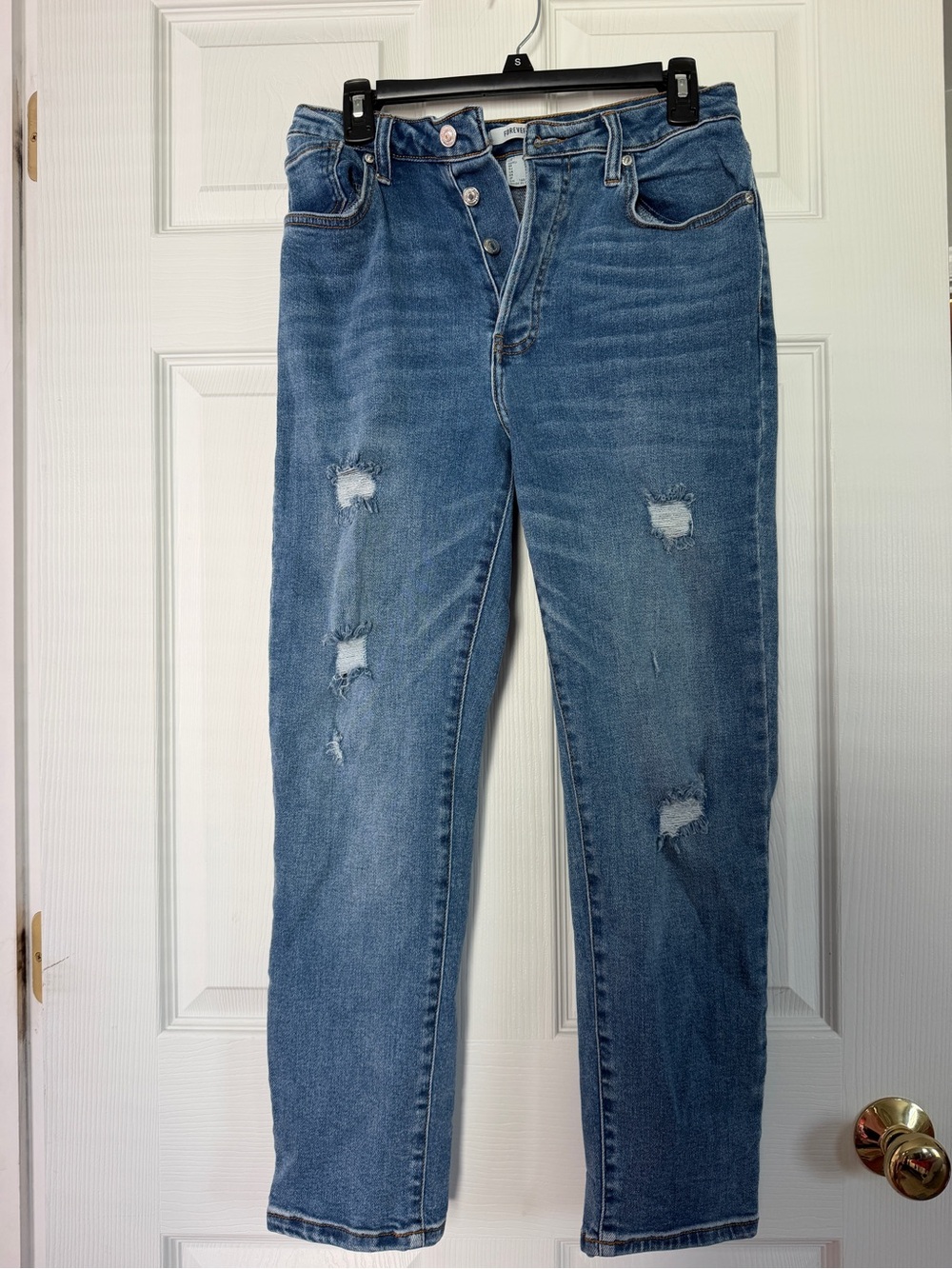 Forever 21 Medium Blue Distressed Straight Leg Jeans